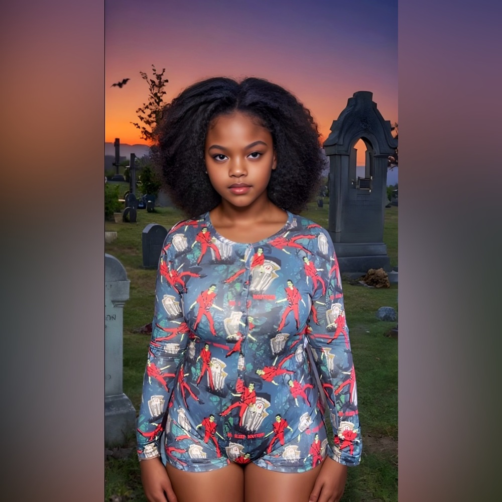 Women’s long sleeves short pants romper Thriller MJ themed onesie.
